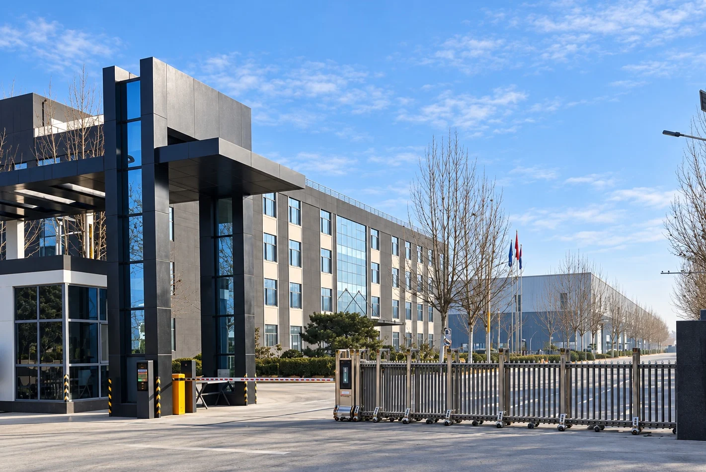 The real factory entrance, office building and adjoining workshop exterior.