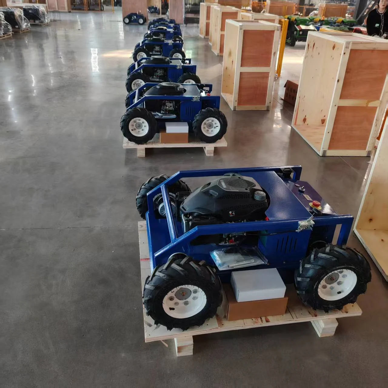 Palletized machines with packing materials beside wooden crates.