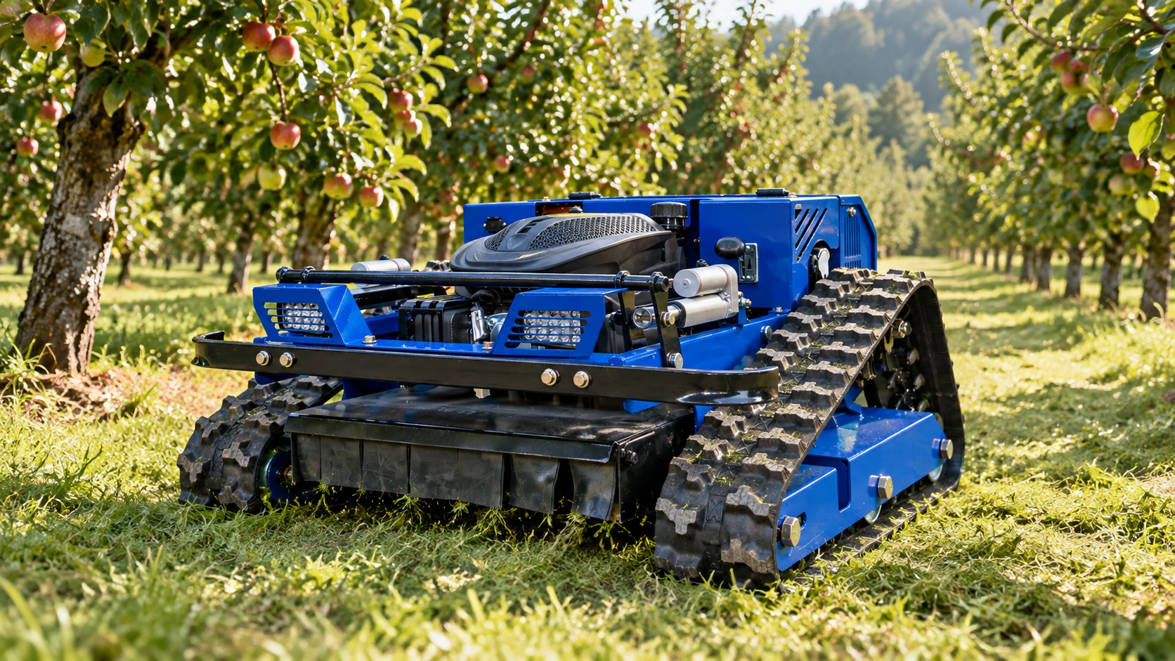 Blue remote control mower working between rows of orchard trees.