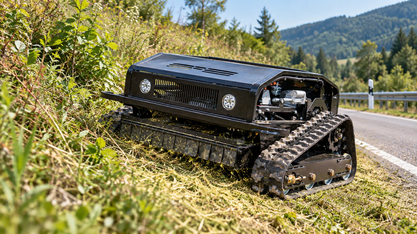 Remote control mower clearing grass and brush along a road.