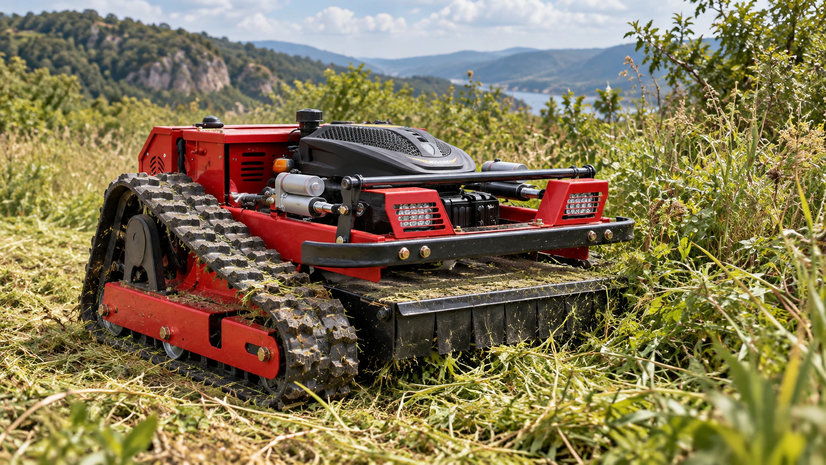 Red remote control mower working through rough, uneven vegetation.