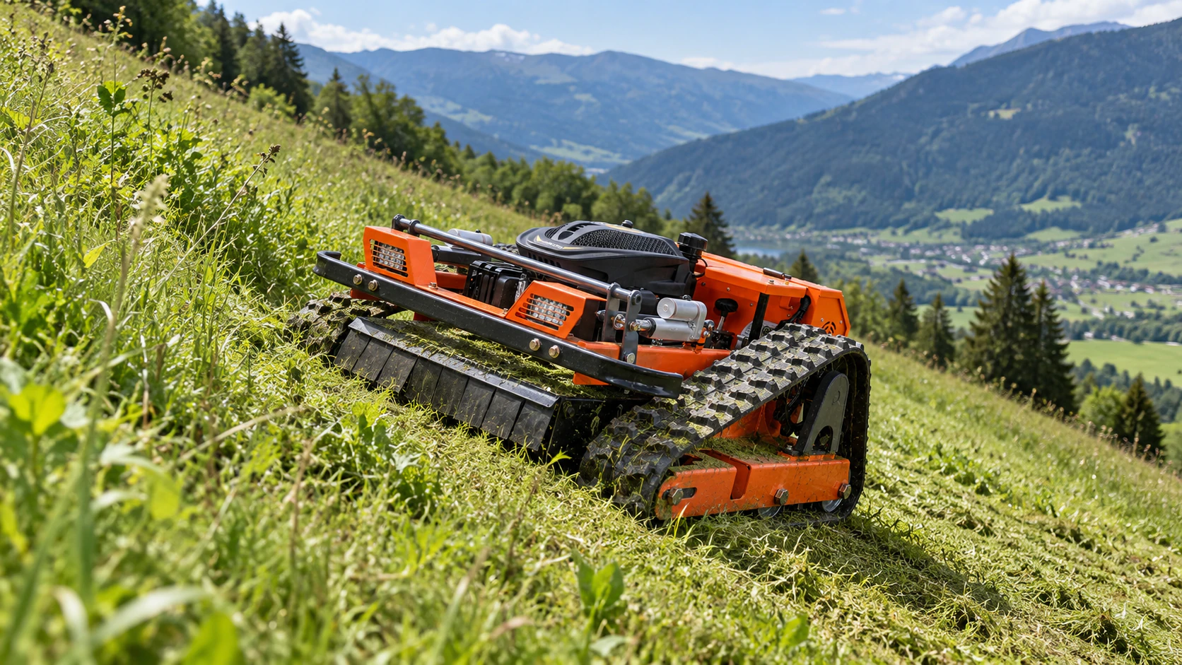 Orange remote control mower working across a steep grassy hillside.