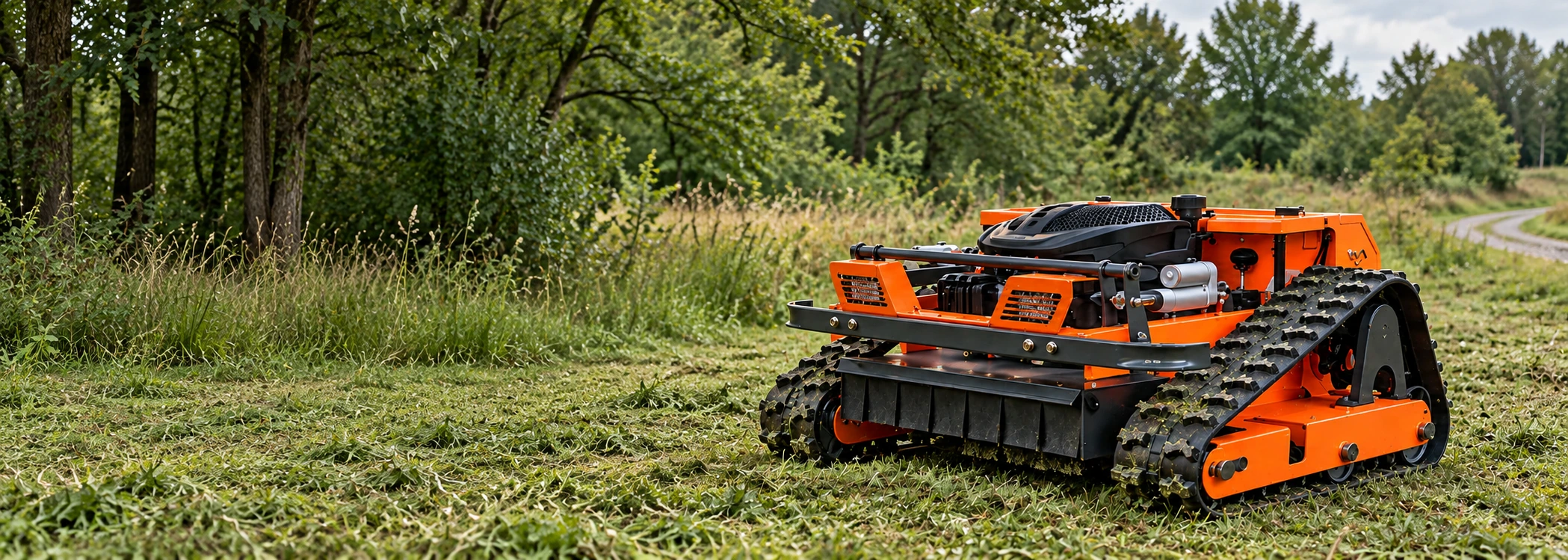 Remote control mower working in an outdoor terrain setting