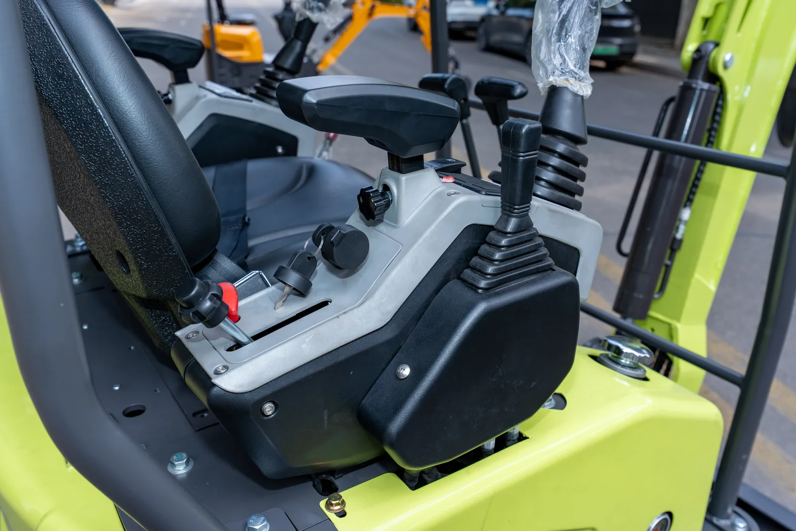 Close view of an AY18 operator joystick and control console