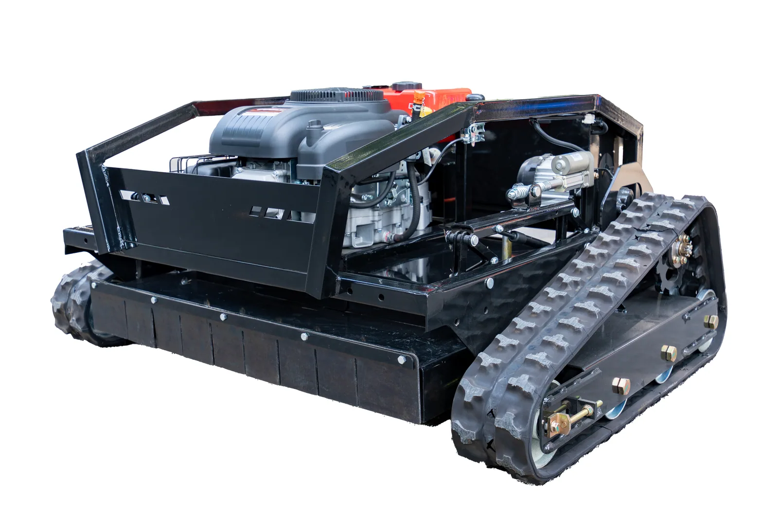 AY-1000 remote control mower in white-background front three-quarter view