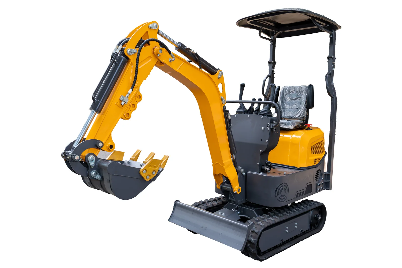 AY12 mini excavator in a white-background front three-quarter view with boom, bucket, canopy, dozer blade and tracks fully visible