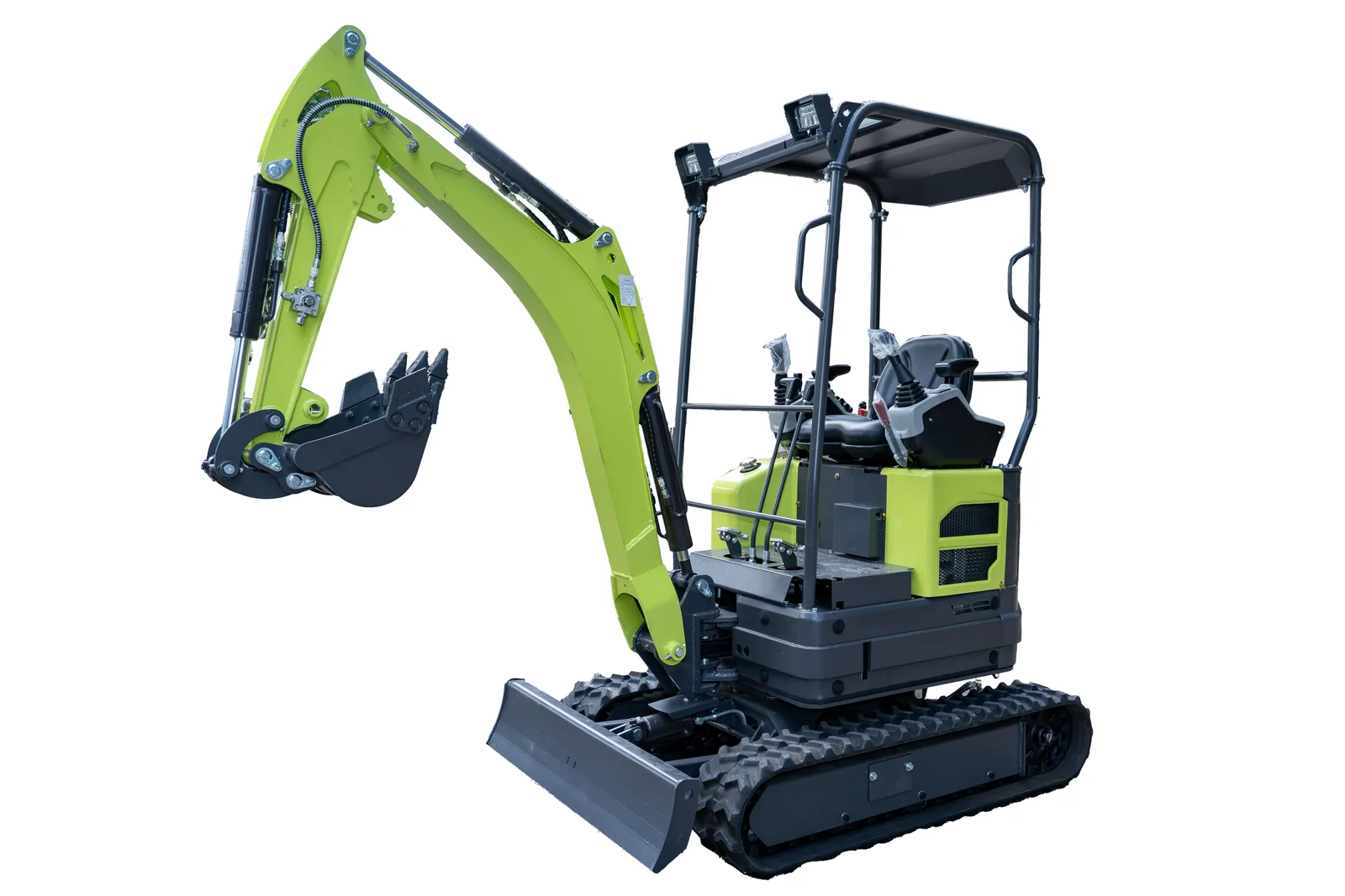 AY18 mini excavator in a white-background front three-quarter view with the boom, arm, bucket, canopy, dozer blade and tracks fully visible